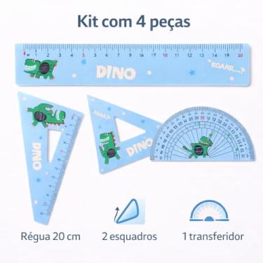Imagem de Kit 4 Réguas Escolar com Tema Dinossauro Rosa e Roxo 20cm Inclui Régua Reta Esquadros e Transferidor para Meninos e Meninas (ROSA) Volta as Aulas