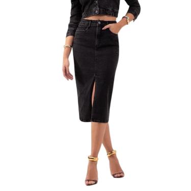 Imagem de Saia Midi Lunender Jeans Com Fenda Preto Tam. 36-Feminino