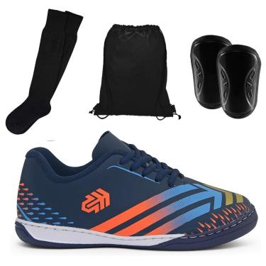 Imagem de Kit Tênis Infantil Futsal Chuteira Quadra Jogador Escolar Crianças + Caneleira Meião Mochila-Unissex