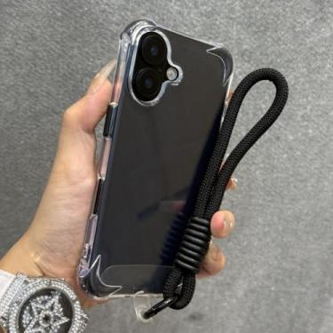 Imagem de Pulseira anti-perda com cordão, capa transparente à prova de choque para iPhone 12, 13, 14, 15, 16 Pro Max Plus, capa protetora de silicone macio, preta, para iPhone 15 Plus