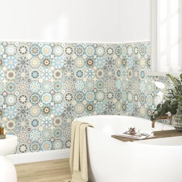 Imagem de Skyblur Papel de parede Boho mosaico azul geométrico papel de parede adesivo vintage backsplash para cozinha banheiro azulejo papel de contato removível rolos de vinil à prova d'água arte de parede