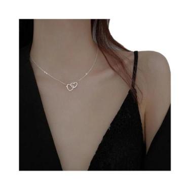 Imagem de Colar Feminino De Prata Com Coração Duplo Vazado E Corrente De Clavícu