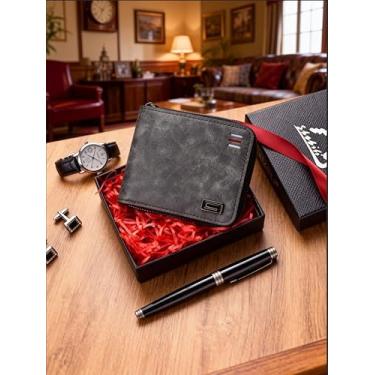 Imagem de Carteira masculina de couro com zíper dobrável e compartimento para cartão de identificação para uso diário em viagens