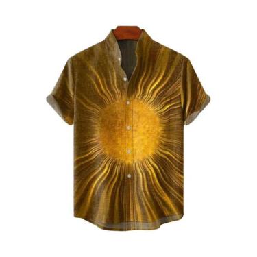 Imagem de Camisa Masculina Vintage De Linho Com Estampa Solar, Manga Curta, Verã