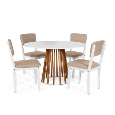 Imagem de Mesa De Jantar Redonda Gabi Nat/bran Com 4 Cadeiras Estofadas Ella Branco/bege