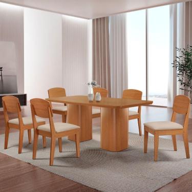 Imagem de Mesa De Jantar Eloise 180cm Tampo Mdf 6 Cadeiras Moderna Veludo Creme/naturale