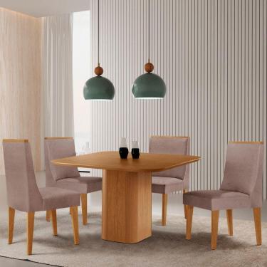 Imagem de Mesa De Jantar Eloise 90cm Tampo Mdf Com 4 Cadeiras Moderna Linho Capuccino/naturale