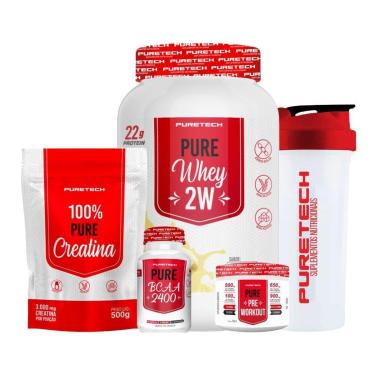 Imagem de Kit Pure Whey 2W 900g+Creatina 100% Pura 500G + Bcaa 120Cps + PréTreino 100g+Coqueteleira PURETECH-Unissex