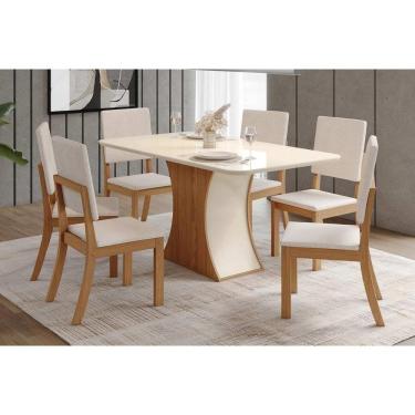 Imagem de Conjunto Mesa De Cozinha Luiza Com Tampo Curvo Madeirado Com Vidro 160x80cm E 6 Cadeiras Milla Nature Linho Henn