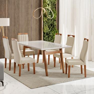 Imagem de Conjunto Sala de Jantar Mesa 154cm com Tampo de Vidro Onix com 6 Cadeiras Grécia Madetal - Mel/Nude/Bege