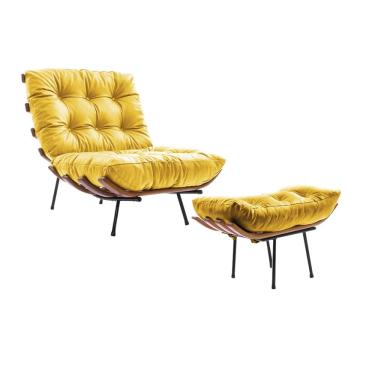 Imagem de Poltrona Costela com Puff em Couro Sintético Amarelo