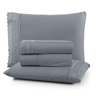 Imagem de Jogo de Cama Lençol Queen 4 Peças 200 Fios Lençol Plano Detalhe Bordad