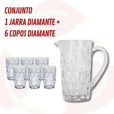 Imagem de Jogo 6 Copos Vidro 370 ML e 1 Jarra Diamante 1 L Resistentes - PRATICA