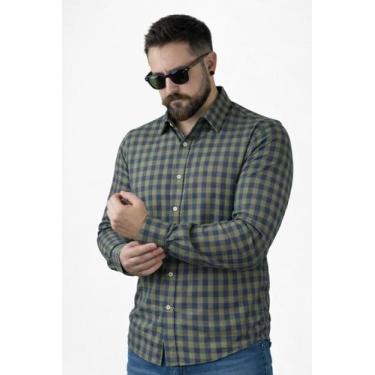 Imagem de Camisa Manga Longa Slim Xadrez Masculina Algodão - Genérico, Caqui, GG