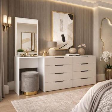 Imagem de Cômoda Madrid 8 Gavetas com Espelho Creme/Branco - Politorno, Bege Cla
