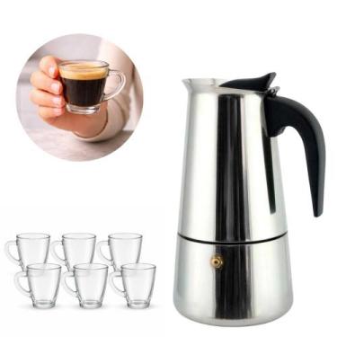 Imagem de Kit Cafeteira Italiana Inox Premium 6 Xícaras com 6 Canecas Vidro Dose