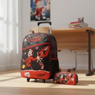 Imagem de Kit Mochila Estojo Escolar Enaldinho Youtuber Rodinhas Aula Preta - Lu