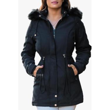 Imagem de Jaqueta Feminina Parka Forrada com Pelo Sarja Capuz Removível e Pelo e