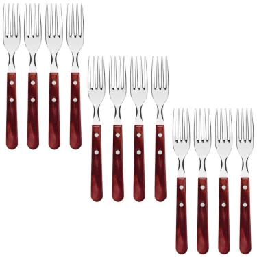 Imagem de Conjunto 12 Garfos para Churrasco Tramontina Jumbo Aço Inox Cabo Madeira Vermelho Polywood