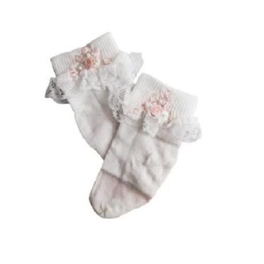 Imagem de Meia social infantil rendada e bordada com flor rosa - BRANDO, M