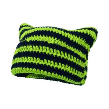 Imagem de Gorro Feminino Com Orelhas De Gato Y2K Listrado De Tricô Quente De Inv