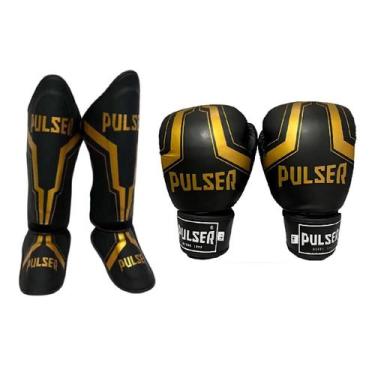Imagem de Kit Caneleira Muay Thai 30MM e Luvas de Boxe Preto Iron Dourado Pulser