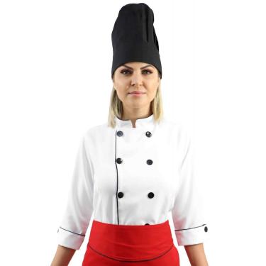 Imagem de Kit Chef Cozinha Feminino Dolmã + Avental + Chapéu