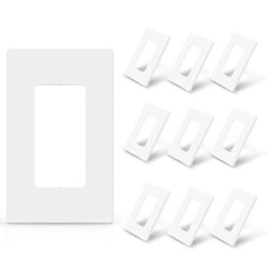 Imagem de ELEGRP 1 gangue de placas de parede decorativas sem parafusos, tamanho padrão inquebrável capa de placa termoplástica para interruptor de tomada receptáculo de decoração, listada UL (pacote com 10, branco fosco)