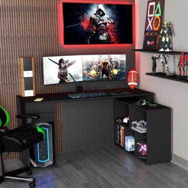 Imagem de Escrivaninha em L 6 Nichos 4 Prateleiras 2 Gavetas Dakota drd Móveis Preto Perfect Touch