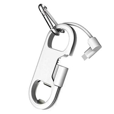 Imagem de Cabo Lightning de carregamento para iPhone + chaveiro + abridor de garrafa + mosquetão de alumínio, chaveiro multifuncional portátil abridor de garrafas cabo de carregamento USB cabo curto para iPhone X/8/7/6S, presente para homens e mulheres (branco)
