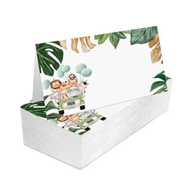 Imagem de Cartões de lugar para casamento, aniversário ou festa, safári, floresta da selva, animais tropicais preenchidos com nome, cartões de mesa de assento dobrável, pacote com 25, dobra em 3,5 x 2 polegadas (zuoweika-A012)