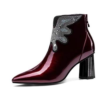 Imagem de TinaCus Botas femininas de couro envernizado feitas à mão salto grosso médio com zíper nas costas bico fino plus size com strass brilhante, Borgonha, 10