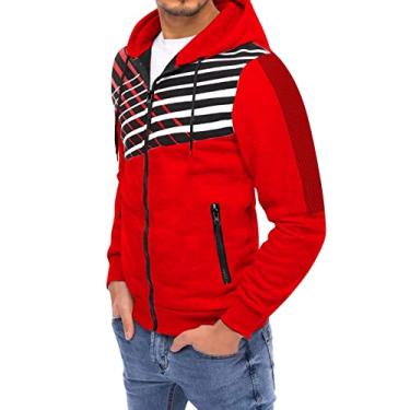 Imagem de Pulôver masculino quente jaquetas com costura listrada casaco esportivo jaqueta com zíper moletom com capuz suéter listrado, Vermelho, G