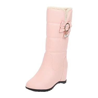 Imagem de Moda feminina cor sólida couro laço botão metal botas de algodão pelúcia salto cunha grosso botas de cowboy femininas meio panturrilha, rosa, 6.5