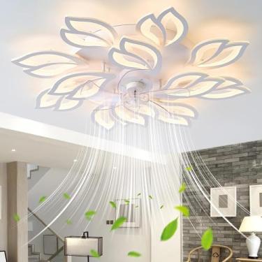 Imagem de Ventiladores de teto de 35'' com luzes, ventilador de teto moderno com luzes e controle remoto, ventiladores de teto sem lâmina reguláveis ​​com luz LED, ventilador de teto branco de baixo p