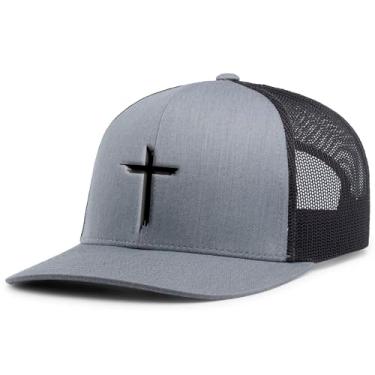 Imagem de Boné masculino cristão escovado cruz bordado malha traseira Trucker Hat, Cinza mesclado/preto, Tamanho �nica