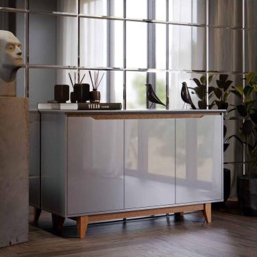 Imagem de Aparador Buffet Quarto Sala Flow 3 Portas com Pés de Madeira Cinza com Freijó - Rede Móveis