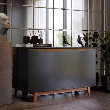 Imagem de Aparador Buffet Quarto Sala Flow 3 Portas com Pés de Madeira Preto com Freijó- Rede Móveis