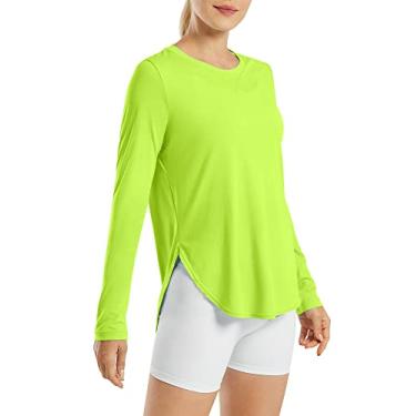 Imagem de G4Free Camisas femininas FPS 50+ UV manga longa treino sol camisa academia ao ar livre caminhada tops secagem rápida leve, Verde fluorescente, XXG