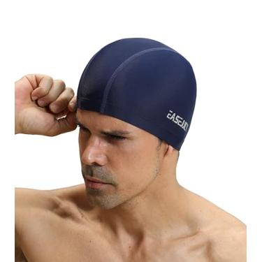 Imagem de Touca de natação masculina de tecido de nylon adulto cabelo curto macio cor sólida chapéu de natação confortável respirável alta elasticidade (azul marinho)