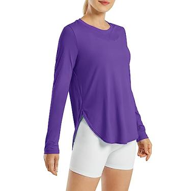 Imagem de G4Free Camisas femininas FPS 50+ UV manga longa treino sol camisa academia ao ar livre caminhada tops secagem rápida leve, Roxo escuro, P