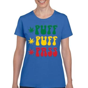 Imagem de Camiseta Puff Puff Pass 420 Weed Lover Pot Leaf Smoking Marijuana Legalize Cannabis Funny High Pothead Camiseta feminina, Azul, GG