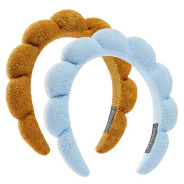 Imagem de Ztomine Fitas faciais de tecido felpudo para spa, conjunto de 2 pacotes combinados de cuidados com a pele – faixas de maquiagem inchadas para lavar o rosto e máscaras (azul + cáqui escuro)