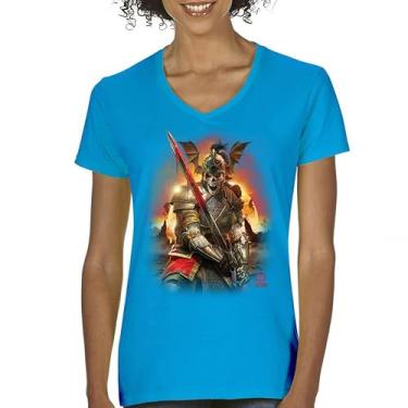 Imagem de Camiseta feminina Apocalypse Reaper gola V fantasia esqueleto cavaleiro com uma espada medieval lendária criatura dragão bruxo, Turquesa, GG