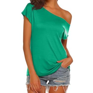 Imagem de Halife Camisetas femininas casuais de ombro de fora camisetas de manga curta solta verão blusa camisa, M - verde, M