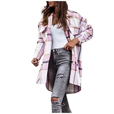 Imagem de Camisa xadrez feminina lapela abotoada jaqueta boyfriend casaco casual longo cardigã tartan solto, rosa, XX-Large