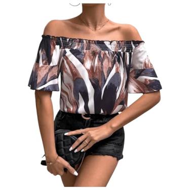 Imagem de SweatyRocks Blusa feminina com estampa total de meia manga, ombro de fora, camisa de verão franzida, Multicor, P