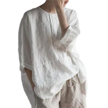 Imagem de Mingzhe Blusa vintage feminina verão algodão linho cor sólida gola redonda meia manga bainha casual camiseta tamanho pluse