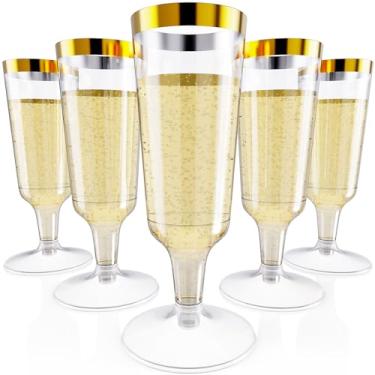 Imagem de JOLLY CHEF Pacote com 50 taças de champanhe de plástico descartáveis com borda dourada de 142 g taças de champanhe de plástico para casamento, dia de Ação de Graças, Natal