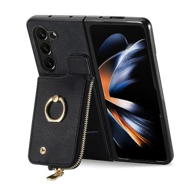 Imagem de HAO RIYLN Capa flip para smartphone para Samsung Galaxy Z Fold 6, capa de telefone carteira de couro com zíper slot para cartão capa de suporte de metal, preta, Z Fold 6